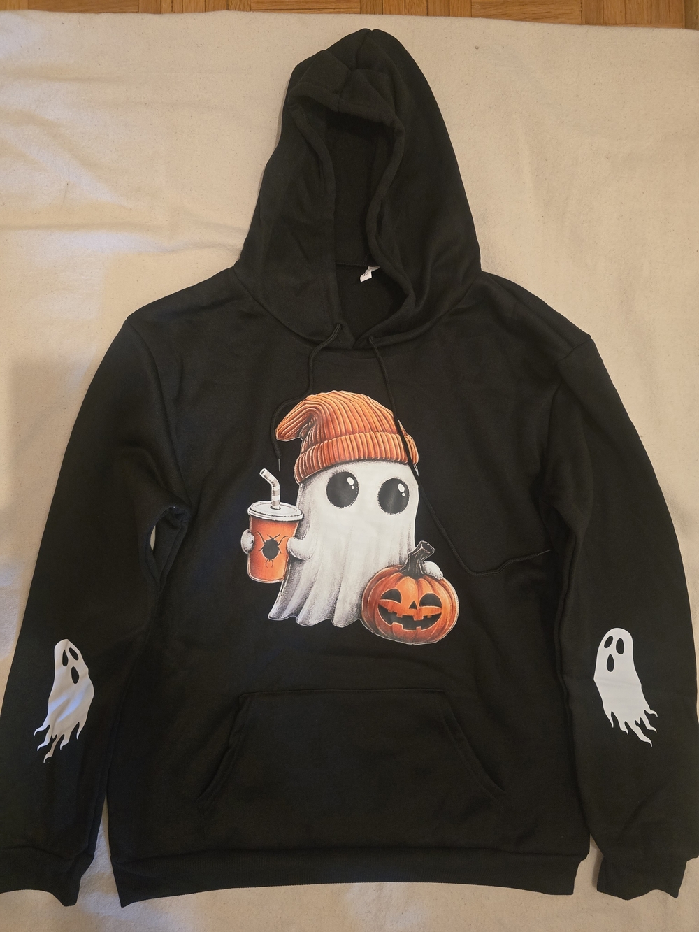 Women's Black Halloween Ghost Pullover Hoodie with Orange Accent Size L NWOT